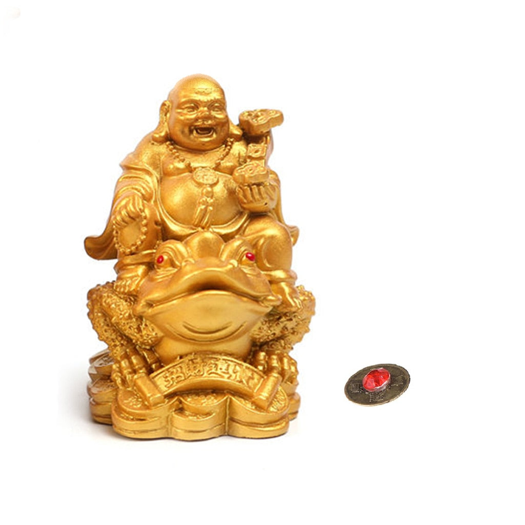 LUCKY Feng Shui Maitreya Buddha Statue Toad Figurine Money Fortune Wealth Chinese Golden Frog Home Office Tabletop Decoration