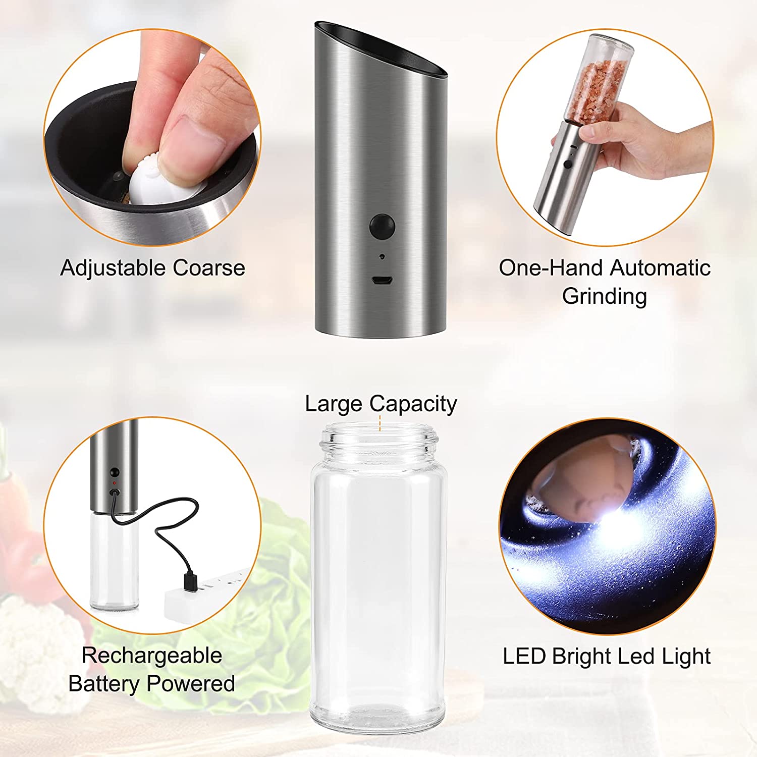 BEEMAN Automatic Salt Pepper Grinder Electric Spice Mill With LED Lamp Adjustable Coarseness Kitchen Tools Grinding For Cooking