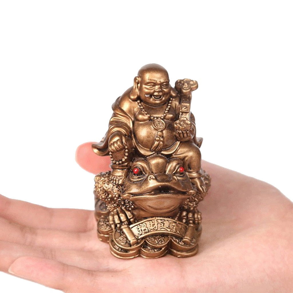 LUCKY Feng Shui Maitreya Buddha Statue Toad Figurine Money Fortune Wealth Chinese Golden Frog Home Office Tabletop Decoration