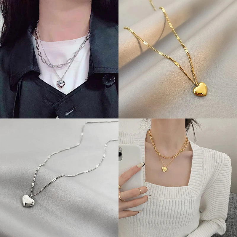 Couple Cavicle Chain Geometric Heart-shaped Light Luxury Temperament Simple Sweet Love Pendant Necklace Jewelry Gift